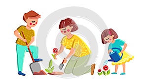 Mother With Son And Daughter Plant Flowers Vector