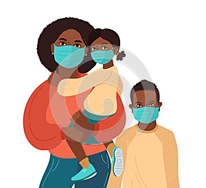 Mother son and daughter wear medical masks. Virus prevention. African American Persons. Vector Family illustration