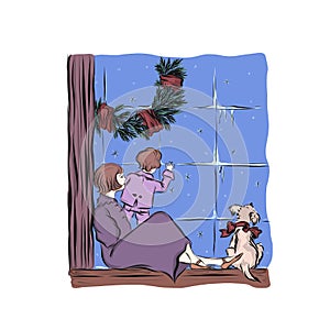 Mother, son and dog look at window on New Year`s Eve