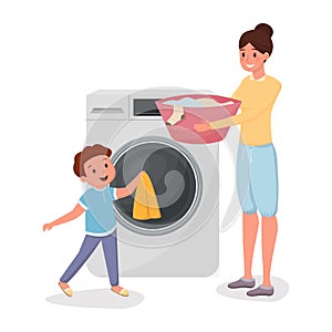 Mother with son doing laundry characters. Child helping mom doing domestic chores isolated illustration. Parent with kid photo