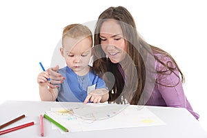 Mother and son are drawing the picture together