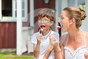 Mother and son eating strawberry cake in garden