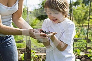 Mother With Son Exploring Soil In Garden