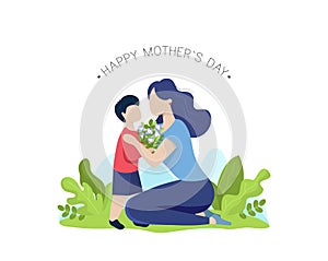 Mother and son with flower bouquet. Happy mothers day greeting card. Vector