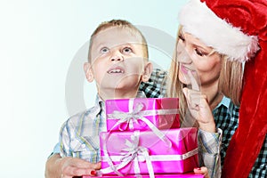 Mother and son with gift boxes