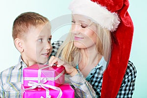 Mother and son with gift boxes