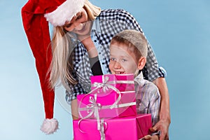 Mother and son with gift boxes