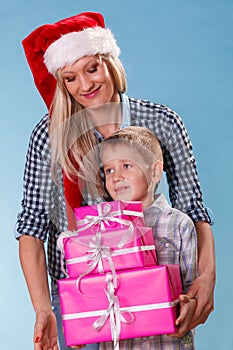 Mother and son with gift boxes
