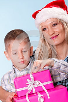 Mother and son with gift boxes