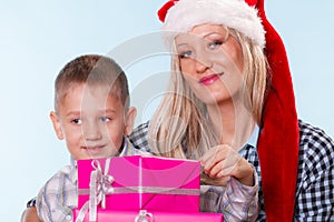 Mother and son with gift boxes