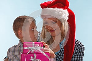 Mother and son with gift boxes