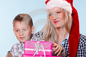 Mother and son with gift boxes