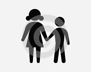 Mother Son Holding Hands Icon. Parent Child Hold Hand Female Male Boy Care. Black White Sign Symbol EPS Vector