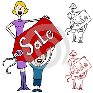 Mother and Son Holding Sale Pricetag Sign