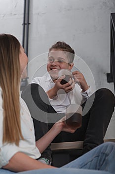 Mother and son in a hotel room