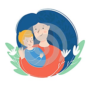 Mother and son hugging. Mother`s day card about mother`s love and care. Flat illustration