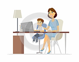 Mother and son at the laptop - cartoon people characters illustration