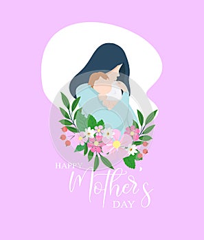 Mother and son. Mother s day card, background. mother and son with flowers vector illustration. Happy mothers day