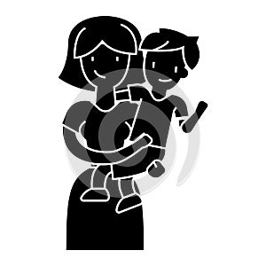 Mother with son - mum with kid icon, vector illustration, black sign on isolated background