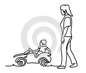 Mother and son outdoor lifestyle portrait in a park setting. Continuous line drawing. Isolated on the white background