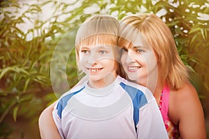 Mother and son in park