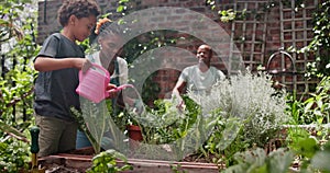 Mother, son and plants in backyard with gardening for sustainability, growth and watering soil. Environment, parents and