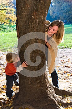 Mother and son play hide-and-seek