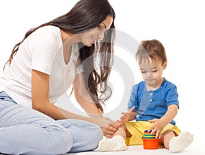 Mother and son playing game together isolated