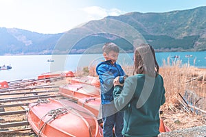 Mother and Son playing near Ashi Lake in Hakone, Japan