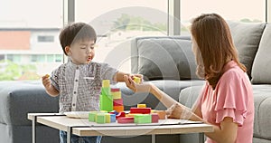 Mother and son playing wooden blocks toy together.
