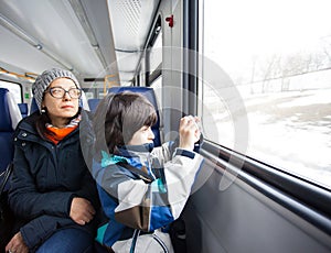 Mother and son in a railway carriage