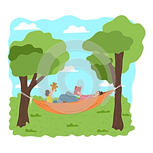 Mother and son relaxing in hammock together during recreation on nature
