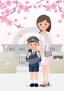 Mother and son on school background under cherry blossom trees