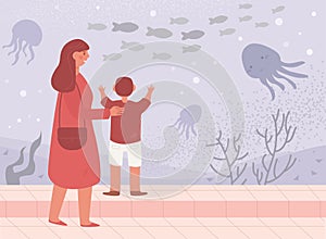 Mother and son in the seaquarium Vector. Cartoon. Isolated art.