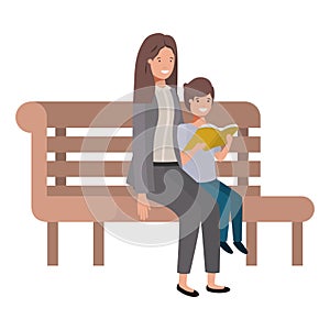 Mother and son sitting in park chair avatar character