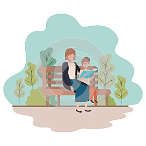 Mother and son sitting in park chair avatar character