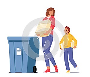 Mother and Son Throw Garbage into Containers with Sign for Recycle Paper. Woman Use Bin for Collecting Litter