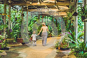 Mother and son are tourists on a tropical park in Malaysia