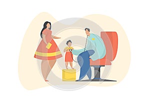 Mother and son visiting pediatrician. Flat illustration