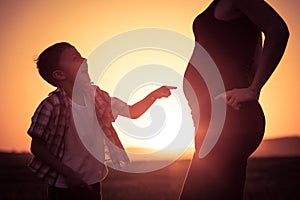 Mother and son walking on the field at the sunset time.