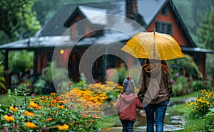 Mother and son walking in the rain with umbrella