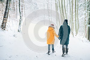 Mother and son walking in snowy forest. Mother and son relatives concept image