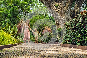 Mother and son Walking On A Textured Cobble Pavement, Reflexology. Pebble stones on the pavement for foot reflexology