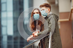 Mother and son are wearing disposable masks photo