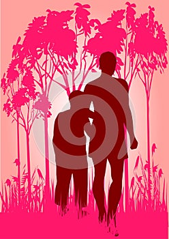 Mother and son in woods