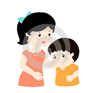 Mother soothes crying son