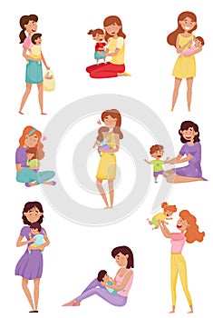 Mother Spending Time with Her Baby Cherishing and Feeding Kid Vector Illustrations Set