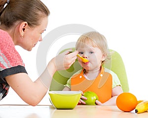 Mother spoon feeding baby girl