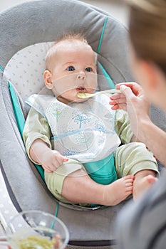 Mother spoon feeding her baby boy infant child in baby chair with fruit puree. Baby solid food introduction concept.