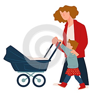 Mother strolling with toddler kid and newborn